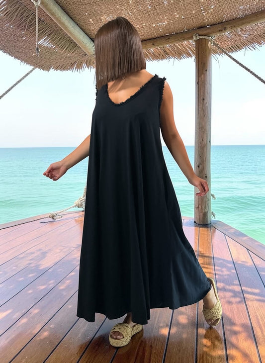 MARISOL - ROBE AMPLE NOIRE EN COTON JUSQU'A LA TAILLE 54