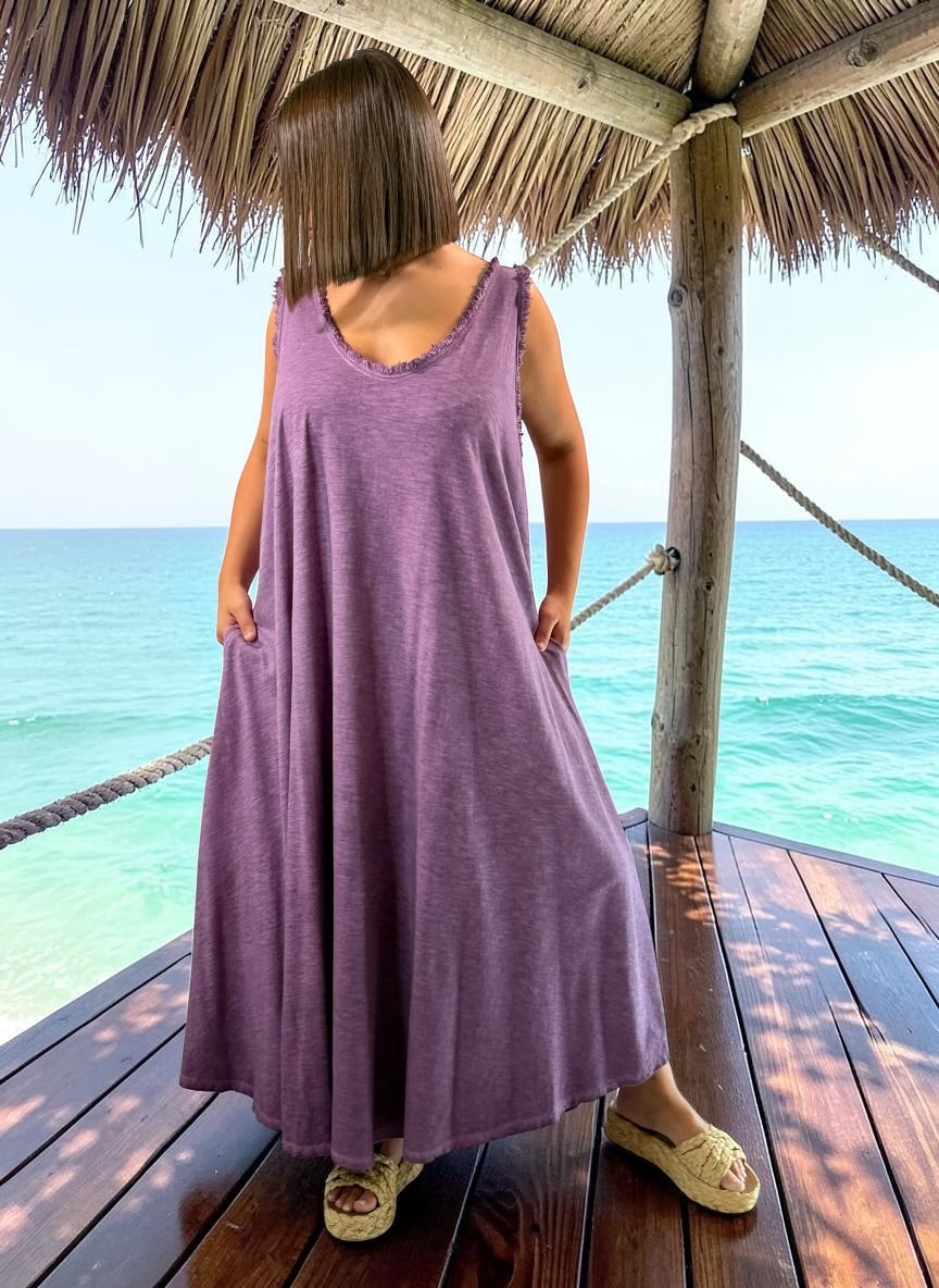MARISOL - ROBE AMPLE PRUNE EN COTON  JUSQU'A LA TAILLE 54