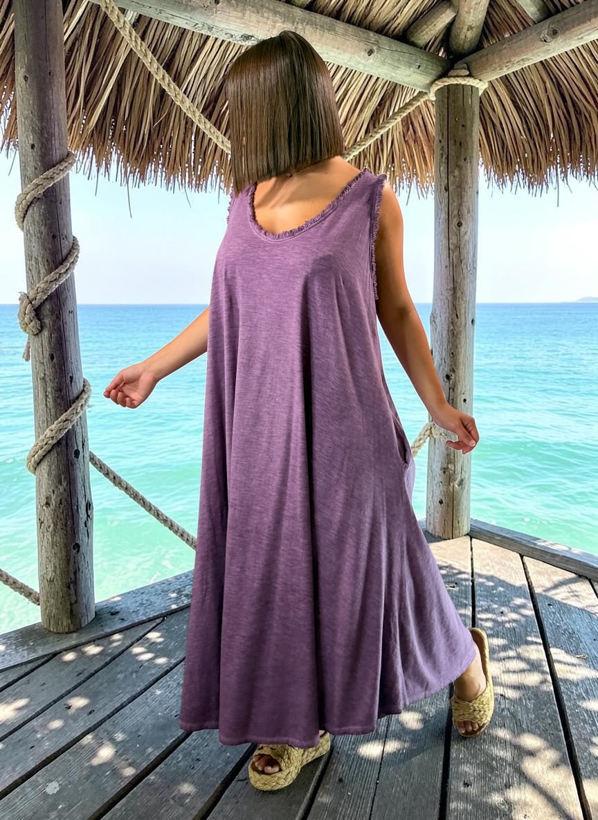 MARISOL - ROBE AMPLE PRUNE EN COTON  JUSQU'A LA TAILLE 54