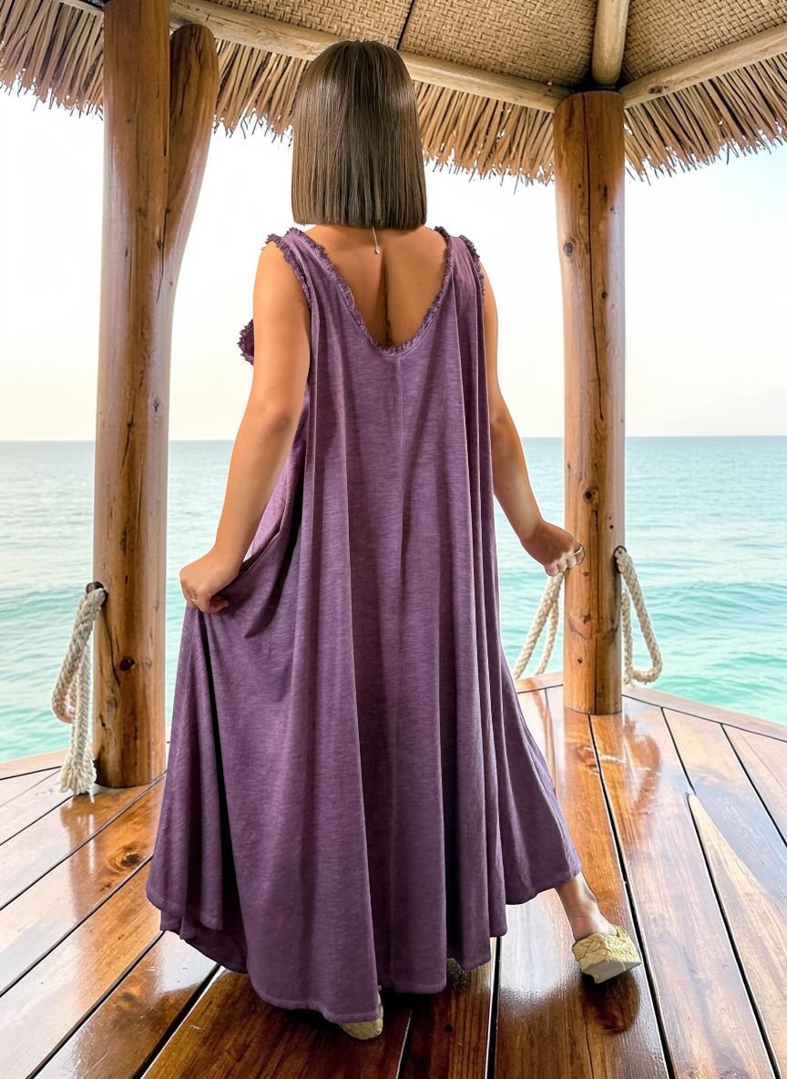 MARISOL - ROBE AMPLE PRUNE EN COTON  JUSQU'A LA TAILLE 54