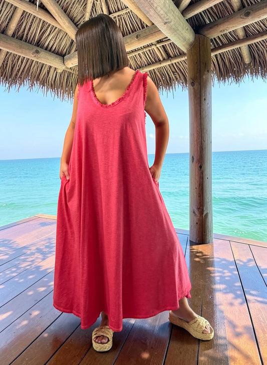 MARISOL - ROBE AMPLE ROUGE EN COTON JUSQU'A LA TAILLE 54