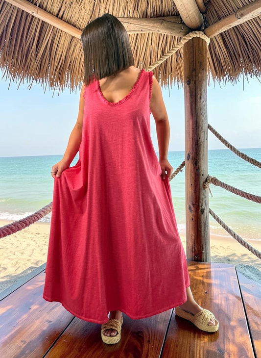MARISOL - ROBE AMPLE ROUGE EN COTON JUSQU'A LA TAILLE 54