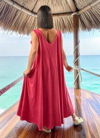 MARISOL - ROBE AMPLE ROUGE EN COTON JUSQU'A LA TAILLE 54