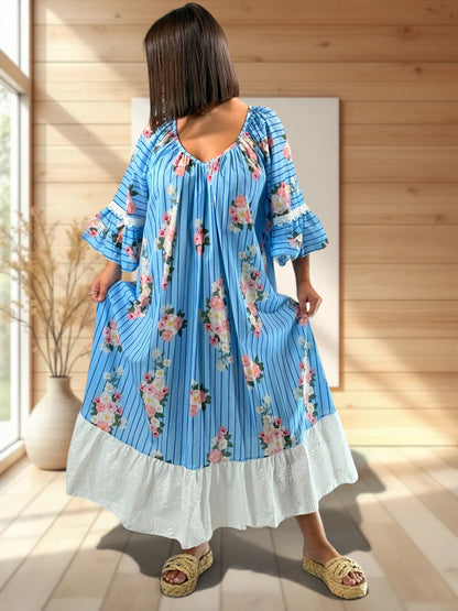 KELLY - ROBE LONGUE VOLANT EN BRODERIE ANGLAISE JUSQU'A LA TAILLE 54