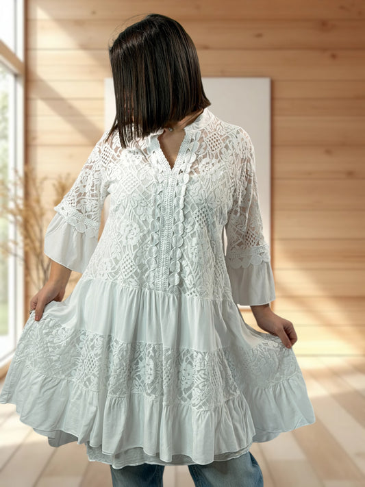 MARINA  - TUNIQUE EN DENTELLE BLANCHE JUSQU'A LA TAILLE 46