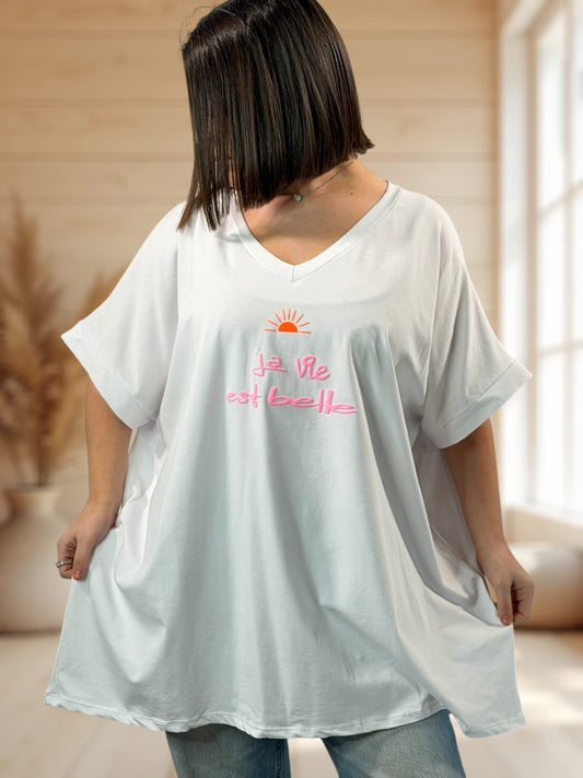 LA VIE EST BELLE - T-SHIRT OVERSIZE BLANC JUSQU'A LA TAILLE 46/48 A 56/58