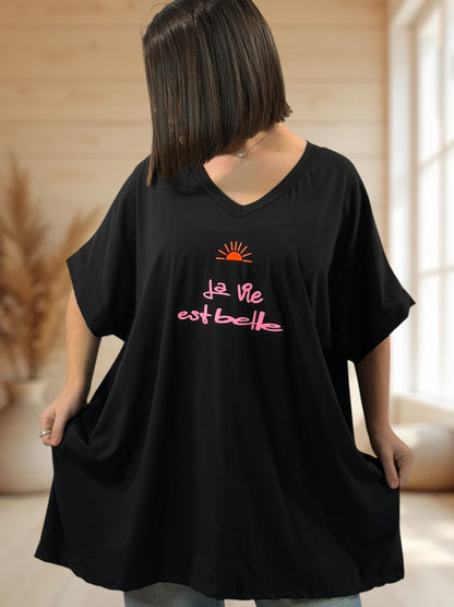 LA VIE EST BELLE - T-SHIRT OVERSIZE NOIR JUSQU'A LA TAILLE 46/48 A 56/58