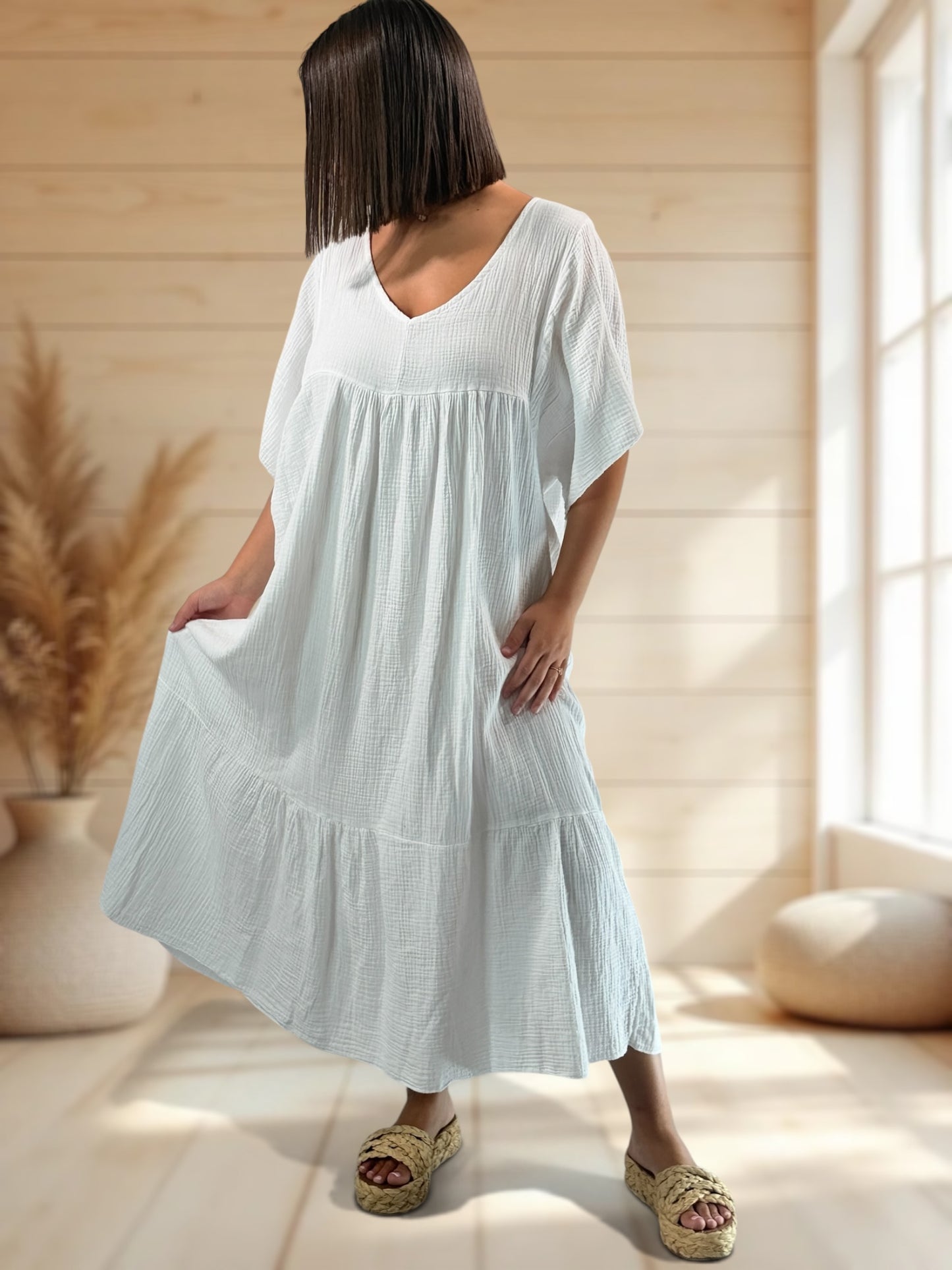 LAURETTE - ROBE LONGUE BLANCHE EN GAZE DE COTON JUSQU'A LA TAILLE 54