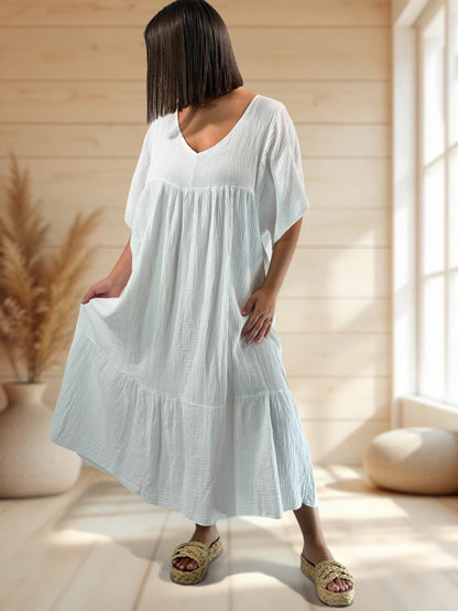 LAURETTE - ROBE LONGUE BLANCHE EN GAZE DE COTON JUSQU'A LA TAILLE 54