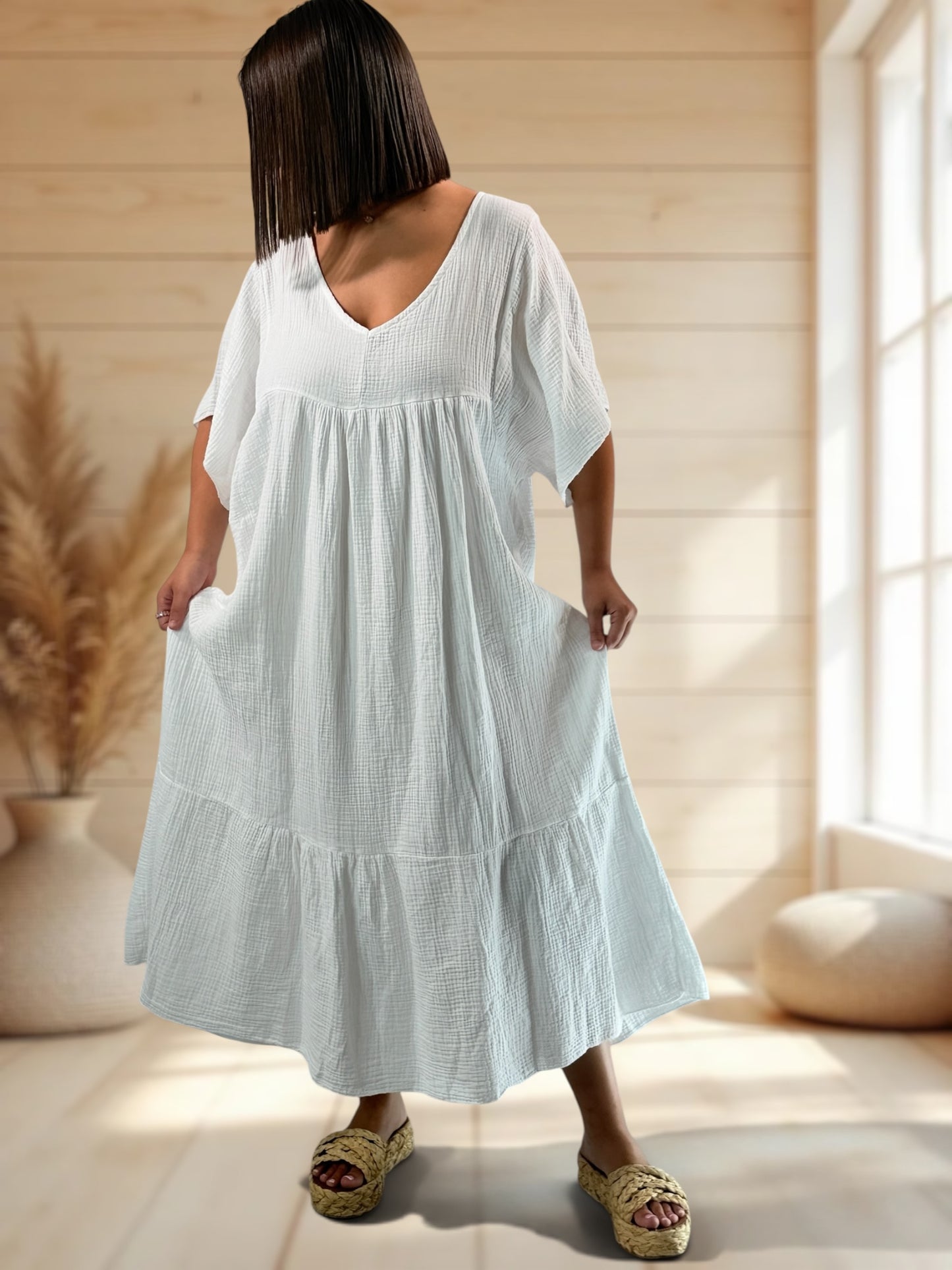 LAURETTE - ROBE LONGUE BLANCHE EN GAZE DE COTON JUSQU'A LA TAILLE 54