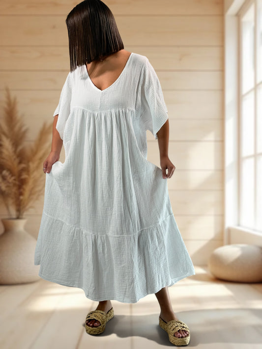 LAURETTE - ROBE LONGUE BLANCHE EN GAZE DE COTON JUSQU'A LA TAILLE 54