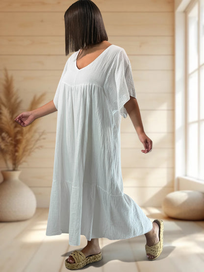 LAURETTE - ROBE LONGUE BLANCHE EN GAZE DE COTON JUSQU'A LA TAILLE 54