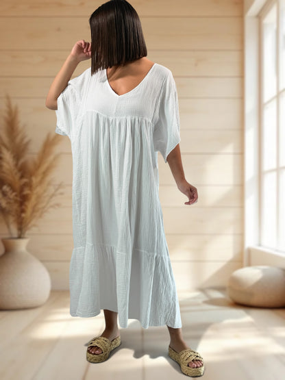 LAURETTE - ROBE LONGUE BLANCHE EN GAZE DE COTON JUSQU'A LA TAILLE 54