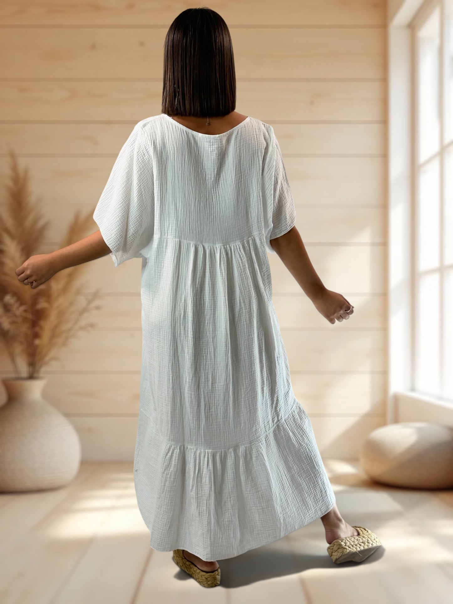 LAURETTE - ROBE LONGUE BLANCHE EN GAZE DE COTON JUSQU'A LA TAILLE 54