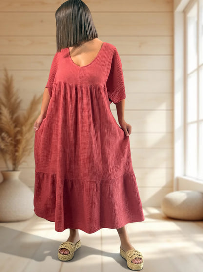 LAURETTE - ROBE LONGUE TERRACOTTA EN GAZE DE COTON JUSQU'A LA TAILLE 54