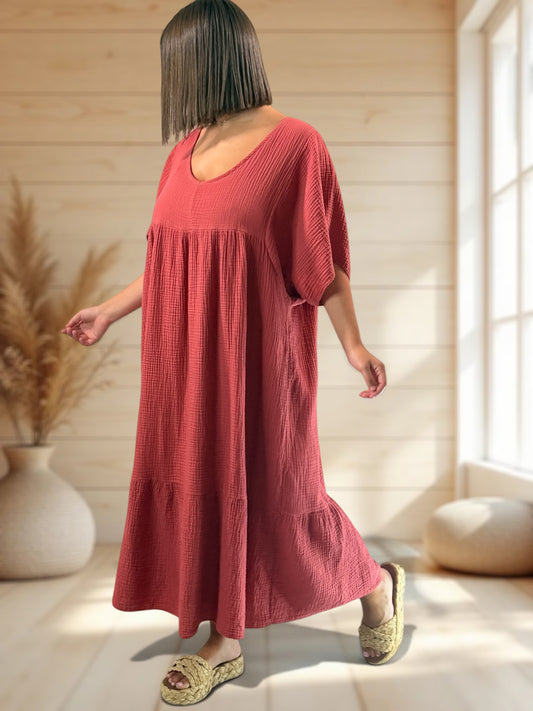 LAURETTE - ROBE LONGUE TERRACOTTA EN GAZE DE COTON JUSQU'A LA TAILLE 54