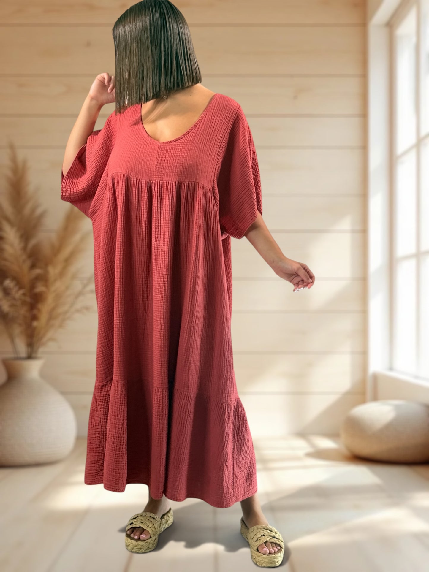 LAURETTE - ROBE LONGUE TERRACOTTA EN GAZE DE COTON JUSQU'A LA TAILLE 54