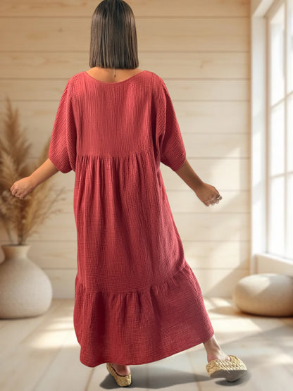 LAURETTE - ROBE LONGUE TERRACOTTA EN GAZE DE COTON JUSQU'A LA TAILLE 54