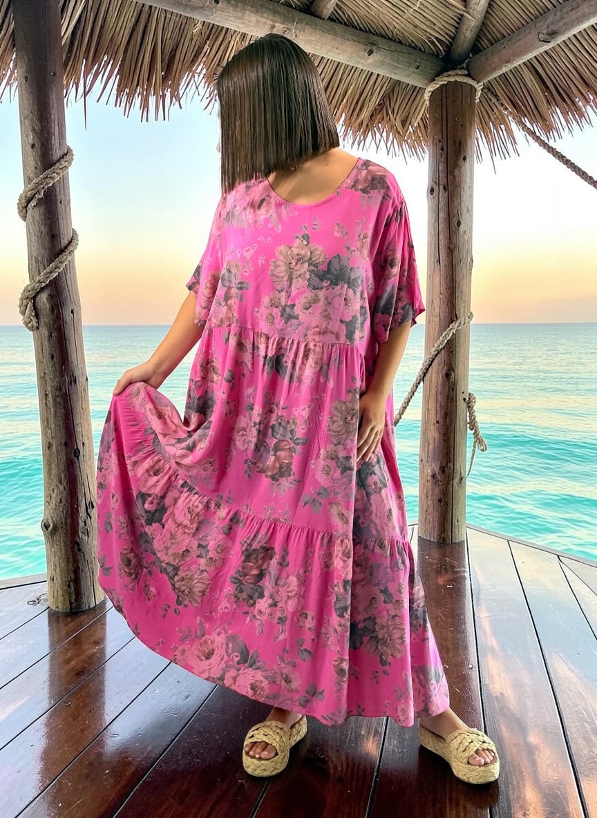NINA - ROBE LONGUE FUCHSIA A FLEUR JUSQU'A LA TAILLE 52
