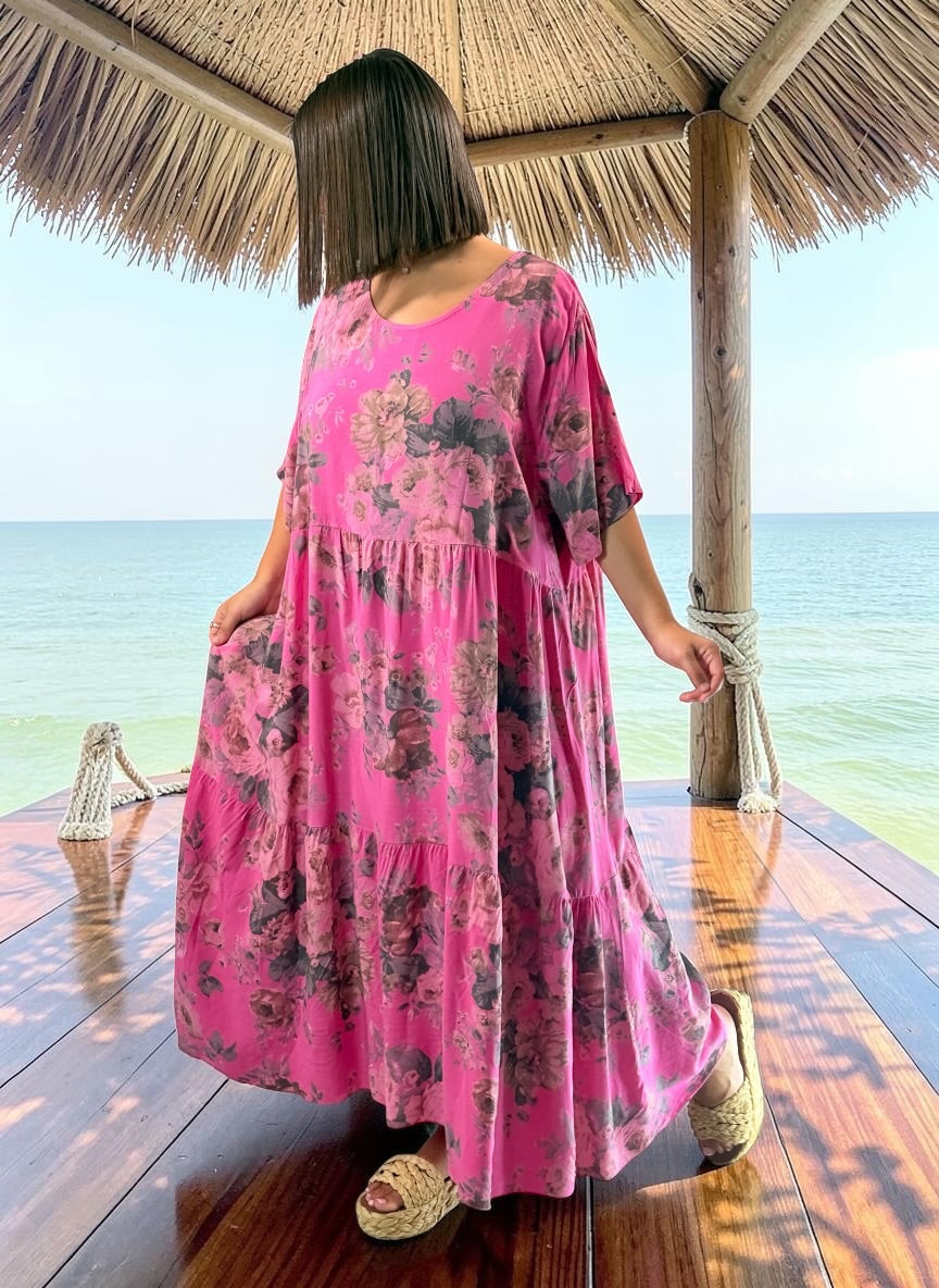 NINA - ROBE LONGUE FUCHSIA A FLEUR JUSQU'A LA TAILLE 52