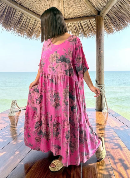 NINA - ROBE LONGUE FUCHSIA A FLEUR JUSQU'A LA TAILLE 52