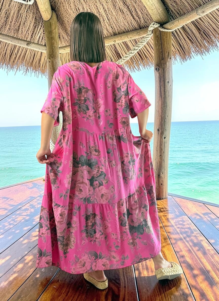 NINA - ROBE LONGUE FUCHSIA A FLEUR JUSQU'A LA TAILLE 52