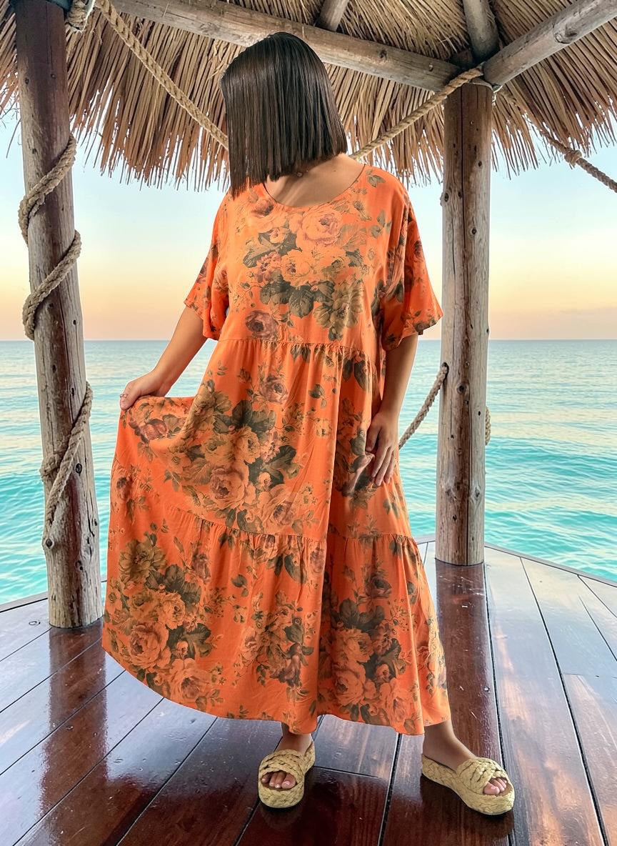 NINA - ROBE LONGUE ORANGE A FLEUR JUSQU'A LA TAILLE 52