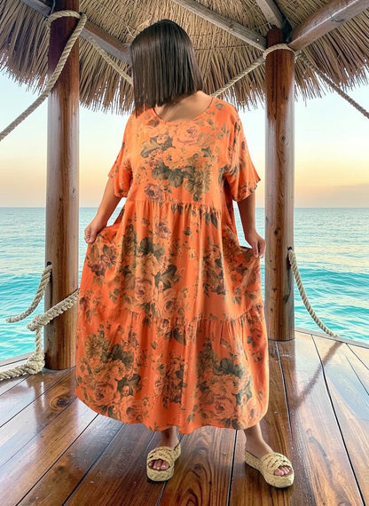 NINA - ROBE LONGUE ORANGE A FLEUR JUSQU'A LA TAILLE 52