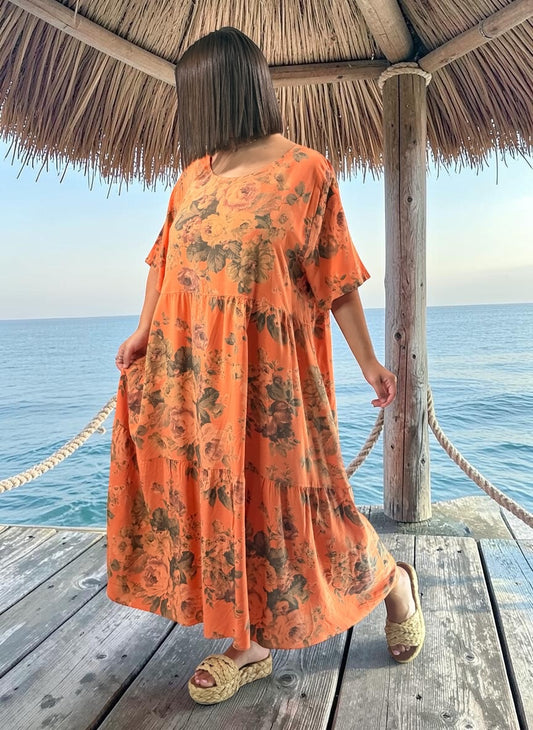 NINA - ROBE LONGUE ORANGE A FLEUR JUSQU'A LA TAILLE 52