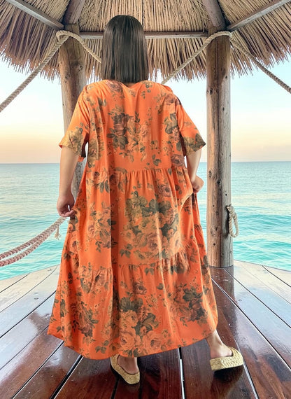 NINA - ROBE LONGUE ORANGE A FLEUR JUSQU'A LA TAILLE 52