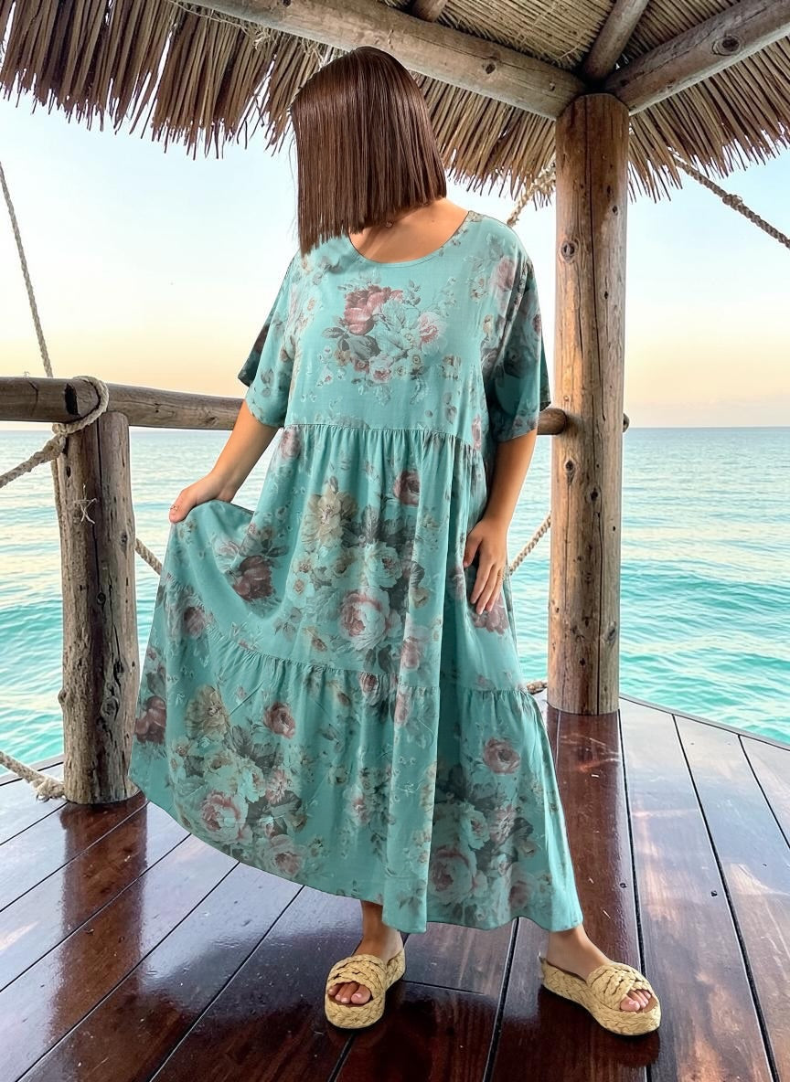NINA - ROBE LONGUE CELADON A FLEUR JUSQU'A LA TAILLE 52