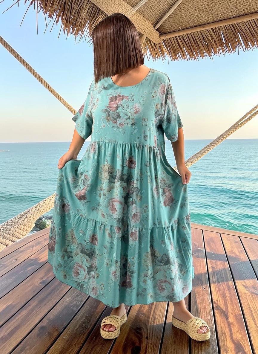 NINA - ROBE LONGUE CELADON A FLEUR JUSQU'A LA TAILLE 52