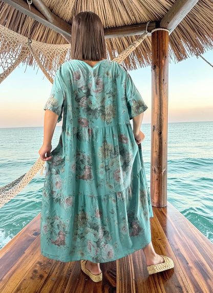 NINA - ROBE LONGUE CELADON A FLEUR JUSQU'A LA TAILLE 52