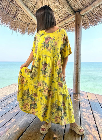 NINA - ROBE LONGUE JAUNE A FLEUR JUSQU'A LA TAILLE 52
