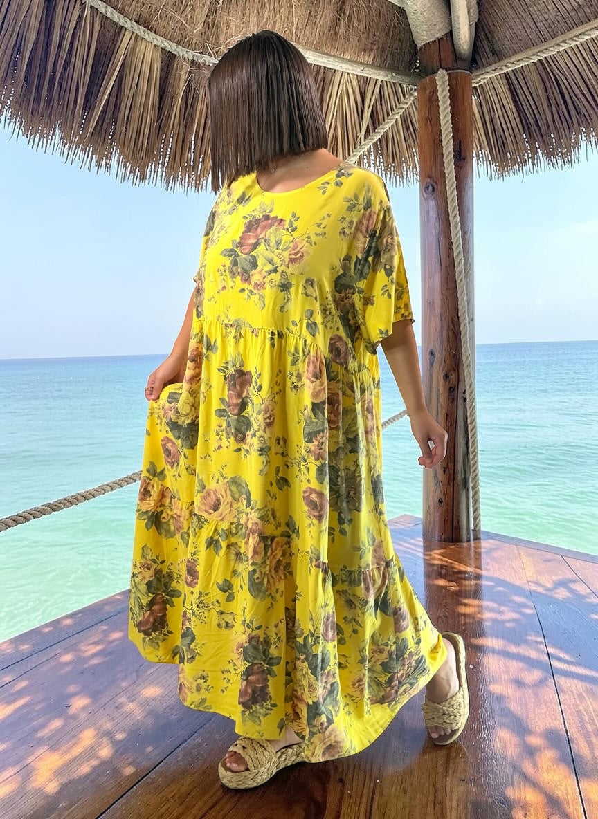 NINA - ROBE LONGUE JAUNE A FLEUR JUSQU'A LA TAILLE 52