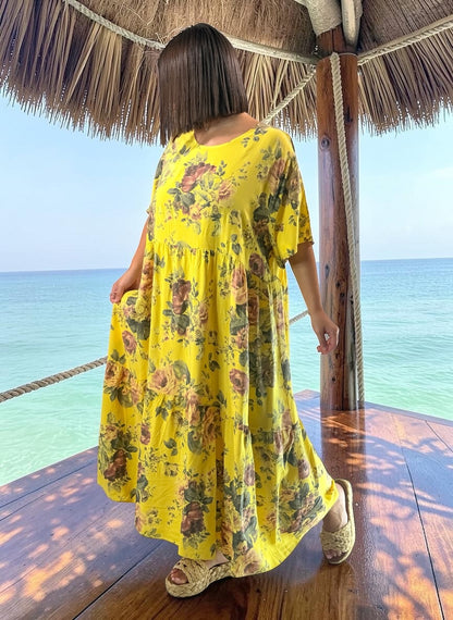 NINA - ROBE LONGUE JAUNE A FLEUR JUSQU'A LA TAILLE 52