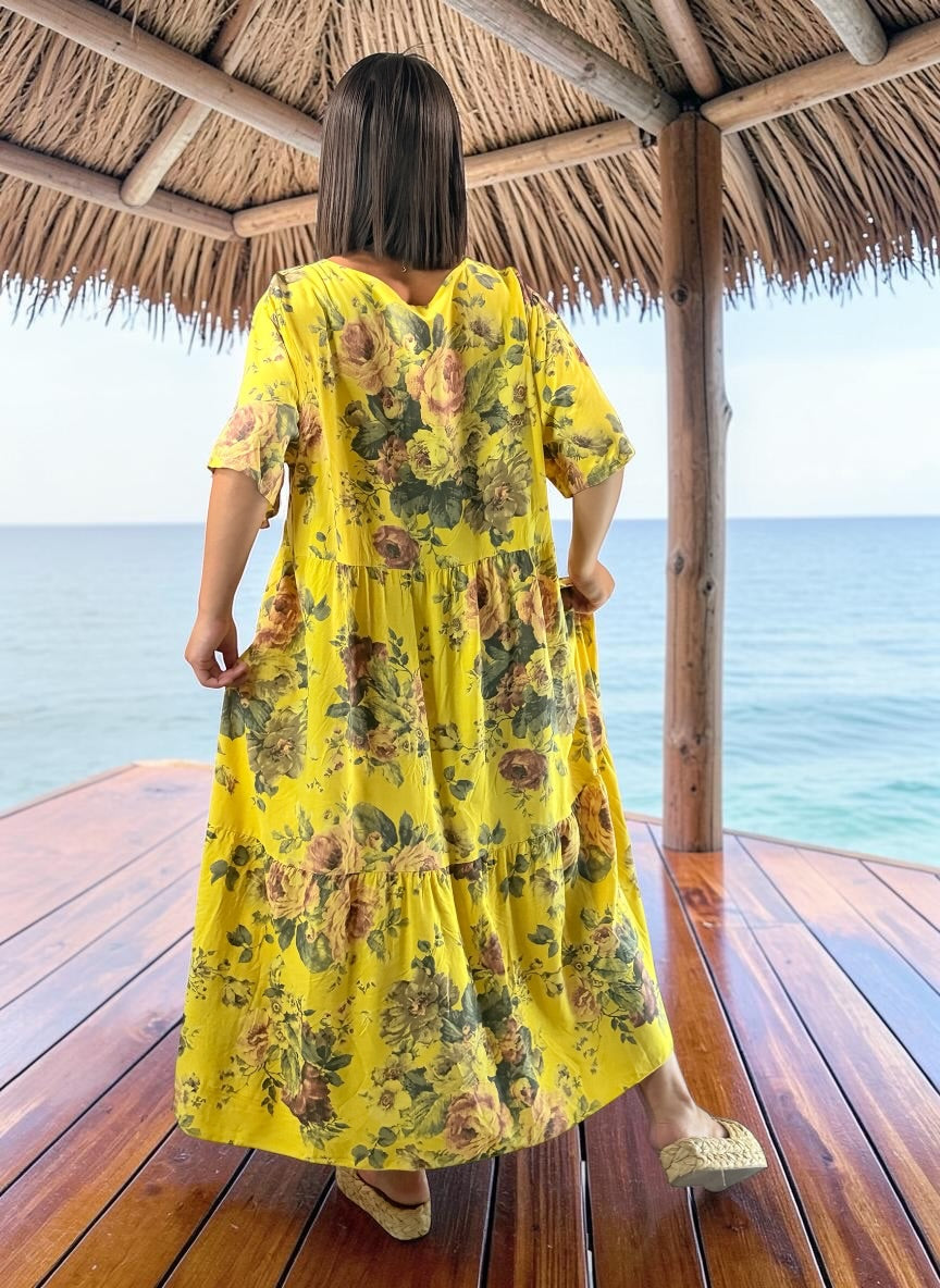 NINA - ROBE LONGUE JAUNE A FLEUR JUSQU'A LA TAILLE 52