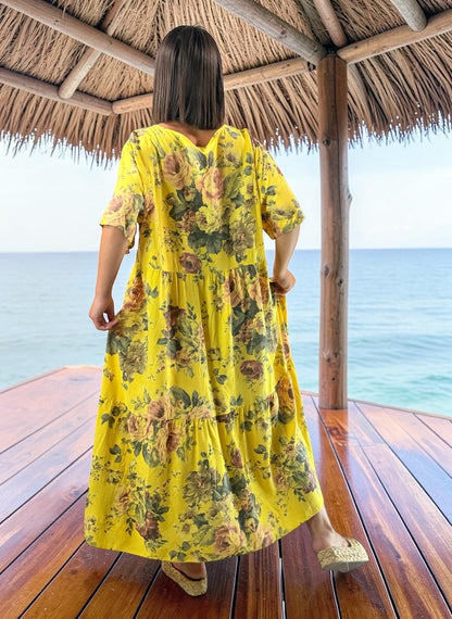NINA - ROBE LONGUE JAUNE A FLEUR JUSQU'A LA TAILLE 52