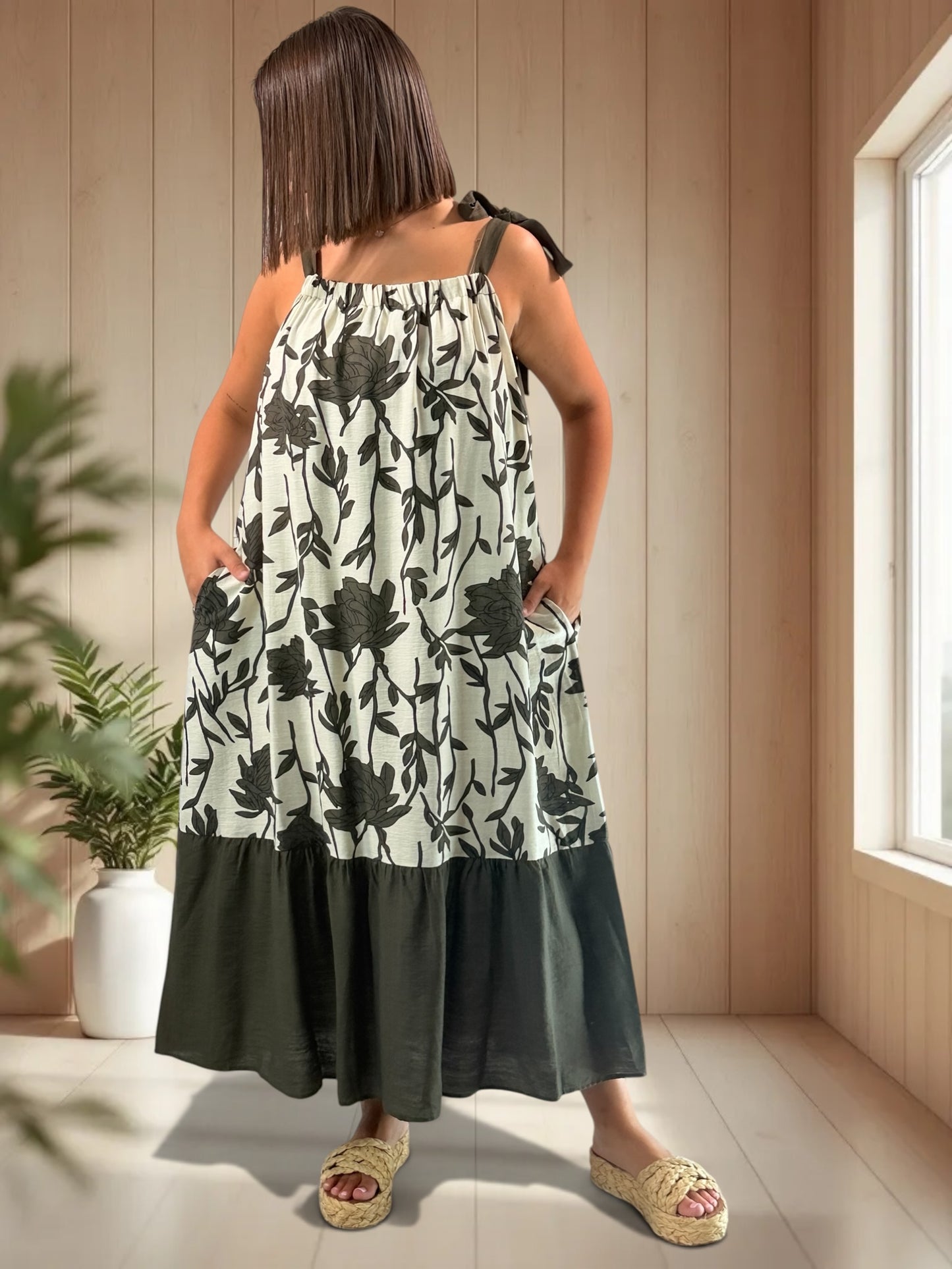 KATARINA - ROBE MOTIF FLORAL VERT BRONZE JUSQU'A LA TAILLE 52