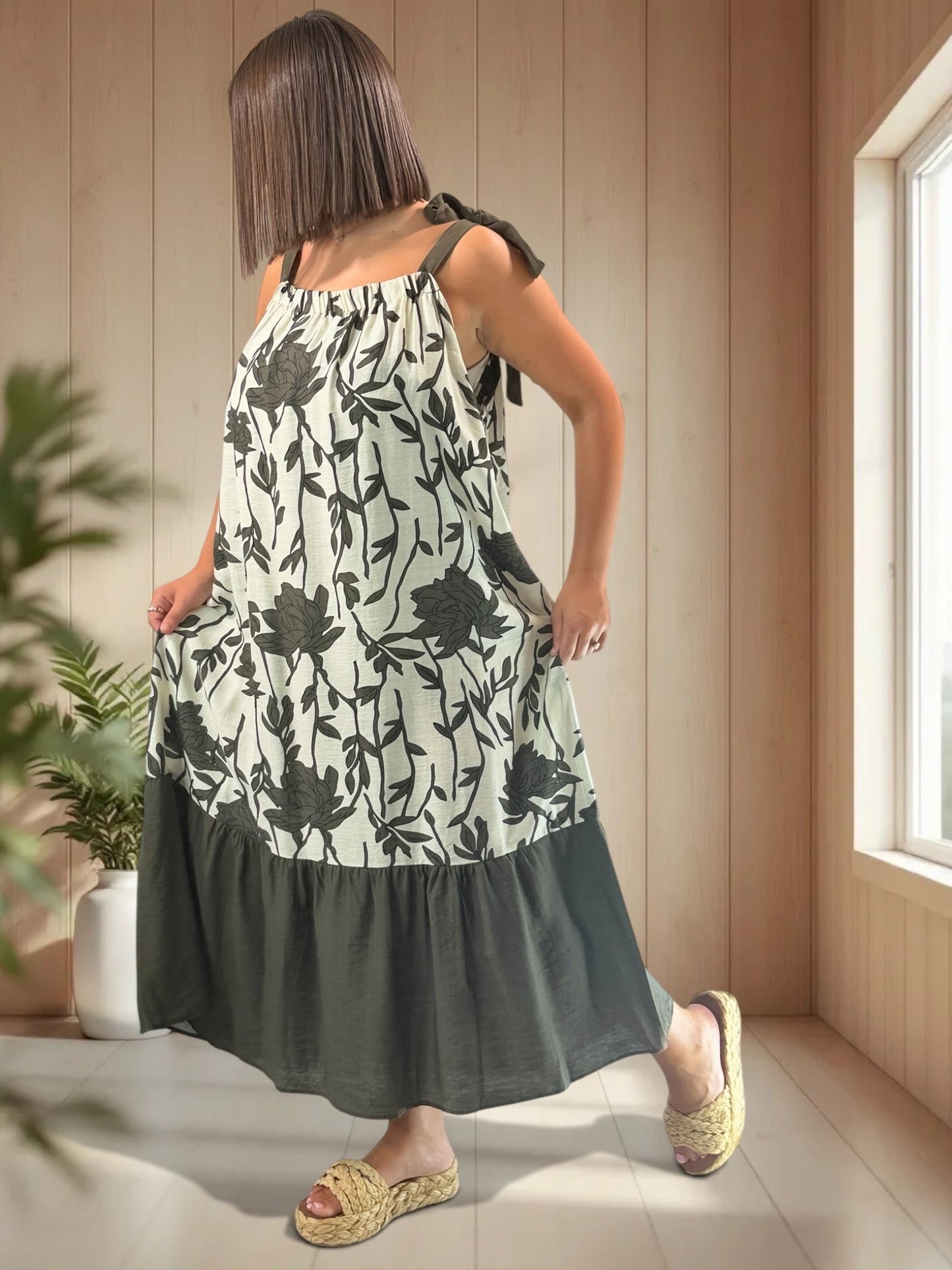 KATARINA - ROBE MOTIF FLORAL VERT BRONZE JUSQU'A LA TAILLE 52
