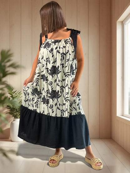 KATARINA - ROBE MOTIF FLORAL NOIR JUSQU'A LA TAILLE 52