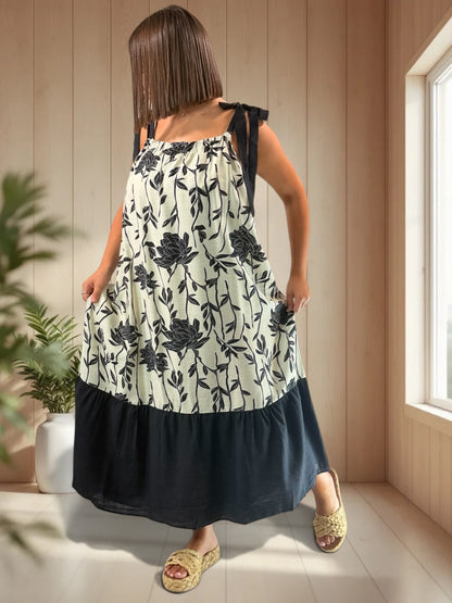 KATARINA - ROBE MOTIF FLORAL NOIR JUSQU'A LA TAILLE 52