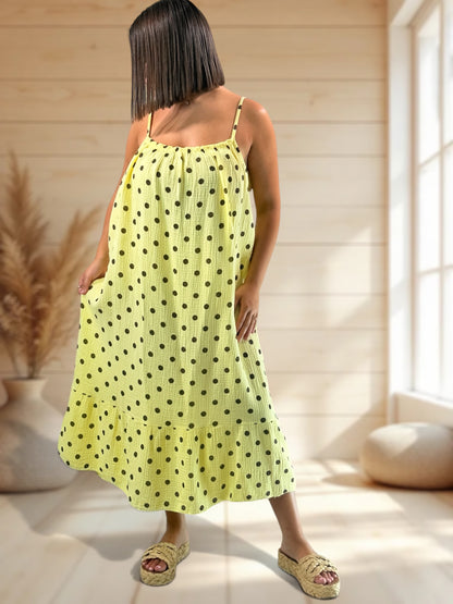 VANESSA - ROBE JAUNE A POIS JUSQU'A LA TAILLE 52/54