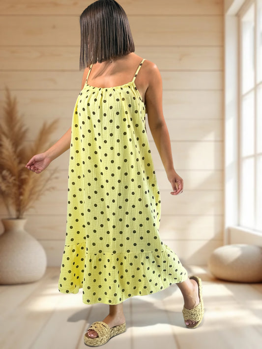 VANESSA - ROBE JAUNE A POIS JUSQU'A LA TAILLE 52/54