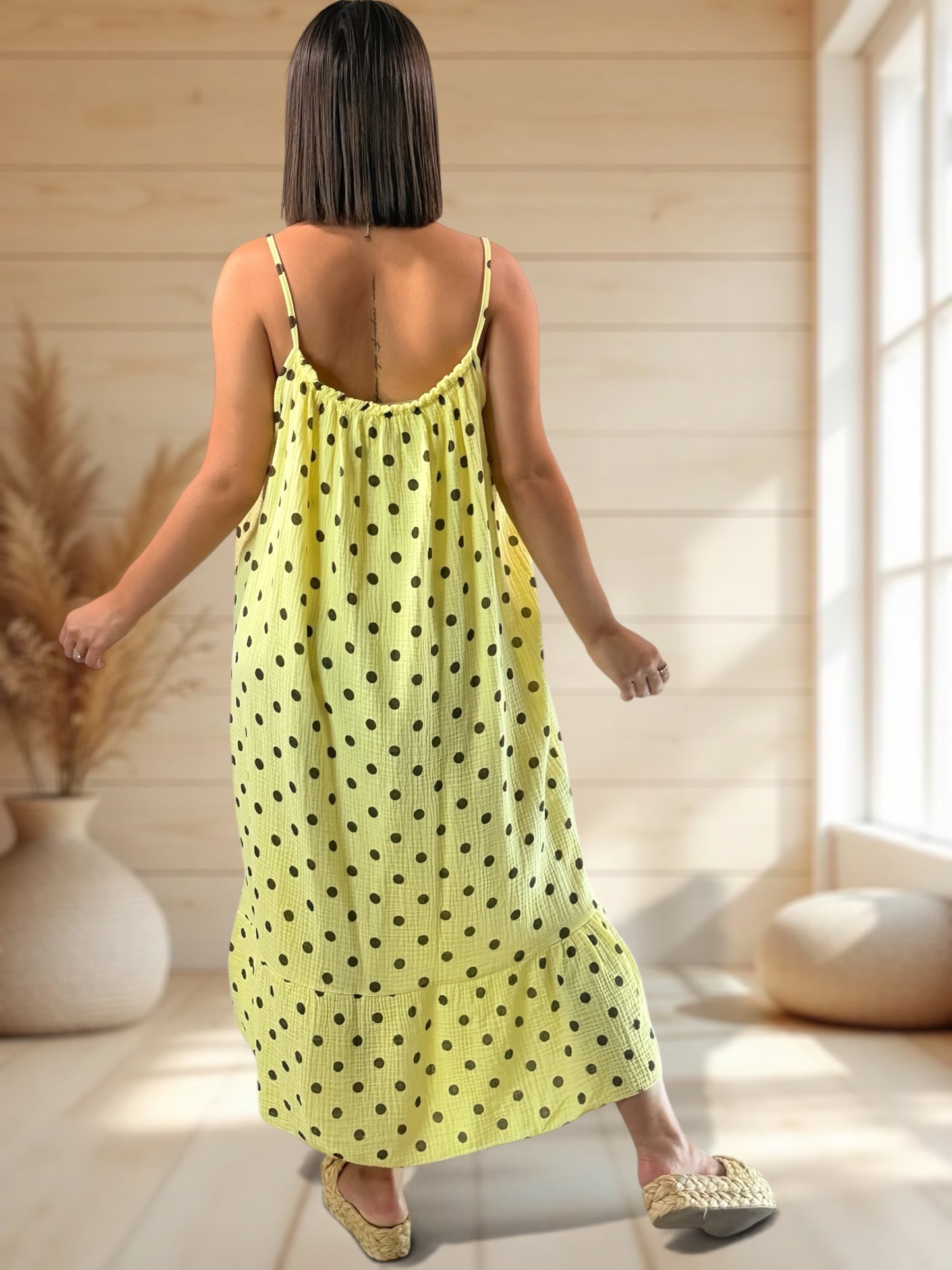 VANESSA - ROBE JAUNE A POIS JUSQU'A LA TAILLE 52/54