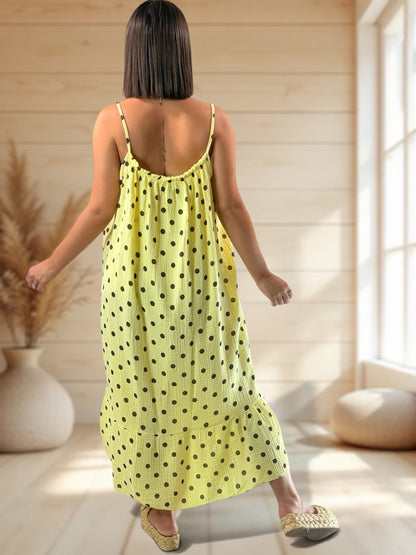 VANESSA - ROBE JAUNE A POIS JUSQU'A LA TAILLE 52/54