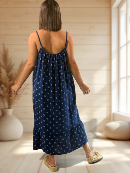 VANESSA - ROBE MARINE A POIS JUSQU'A LA TAILLE 52/54