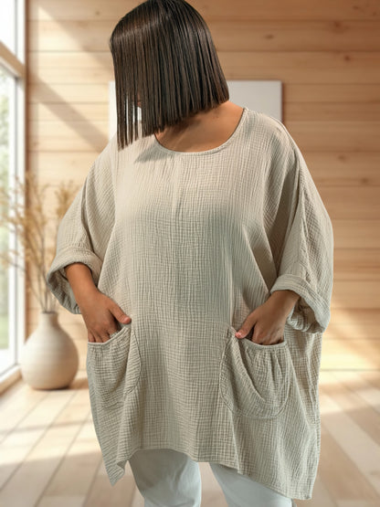 ANAIS - TUNIQUE OVERSIZE BEIGE EN GAZE DE COTON JUSQU'A LA TAILLE 58