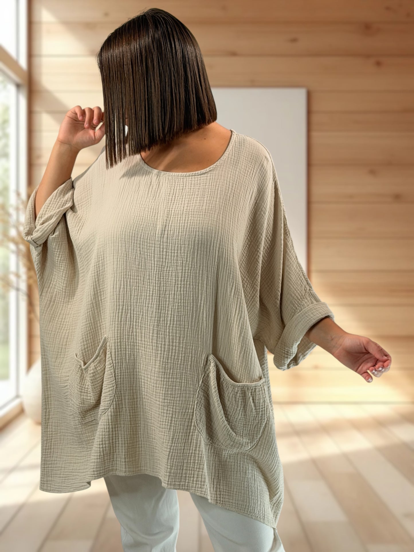 ANAIS - TUNIQUE OVERSIZE BEIGE EN GAZE DE COTON JUSQU'A LA TAILLE 58