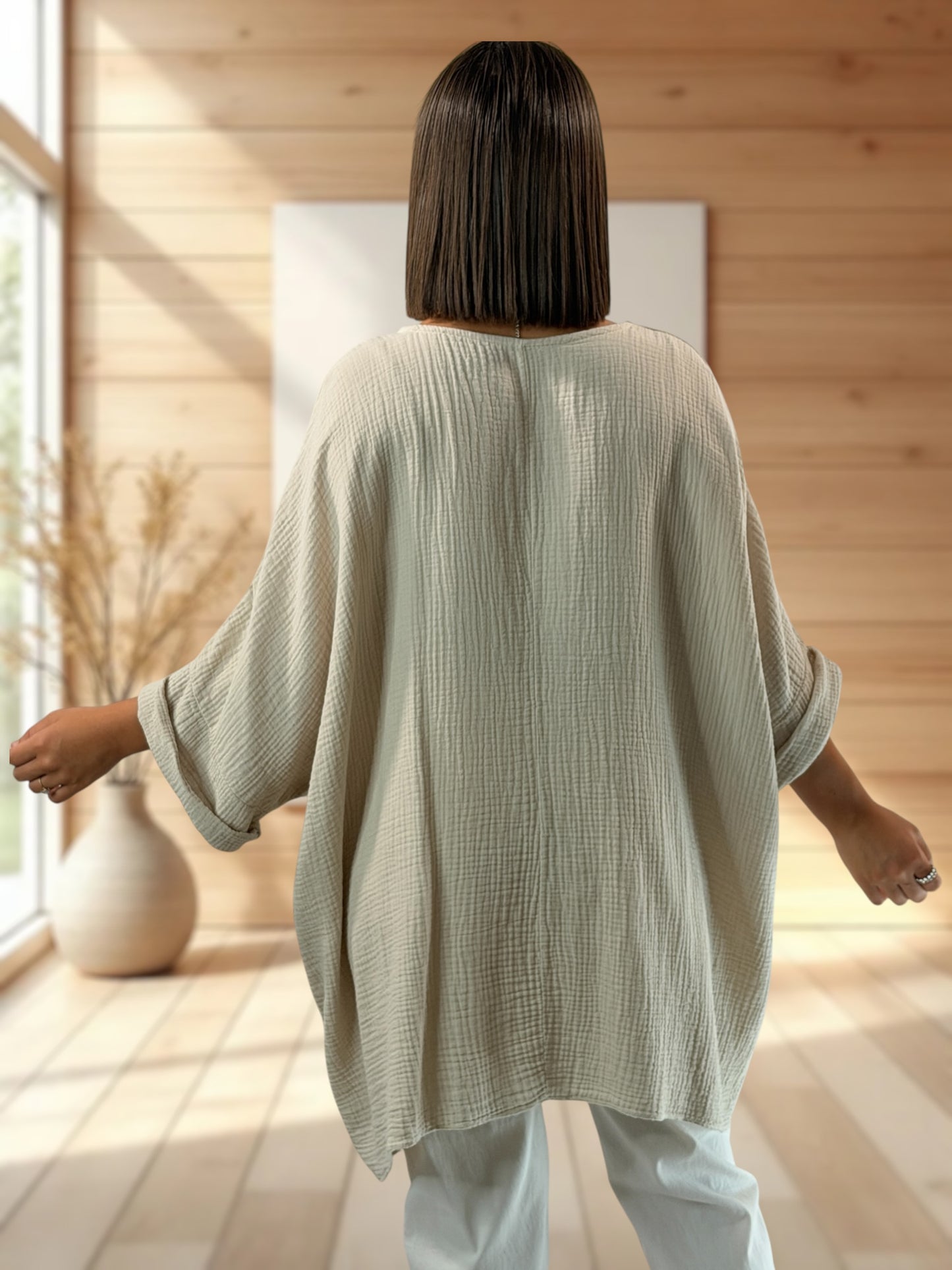 ANAIS - TUNIQUE OVERSIZE BEIGE EN GAZE DE COTON JUSQU'A LA TAILLE 58